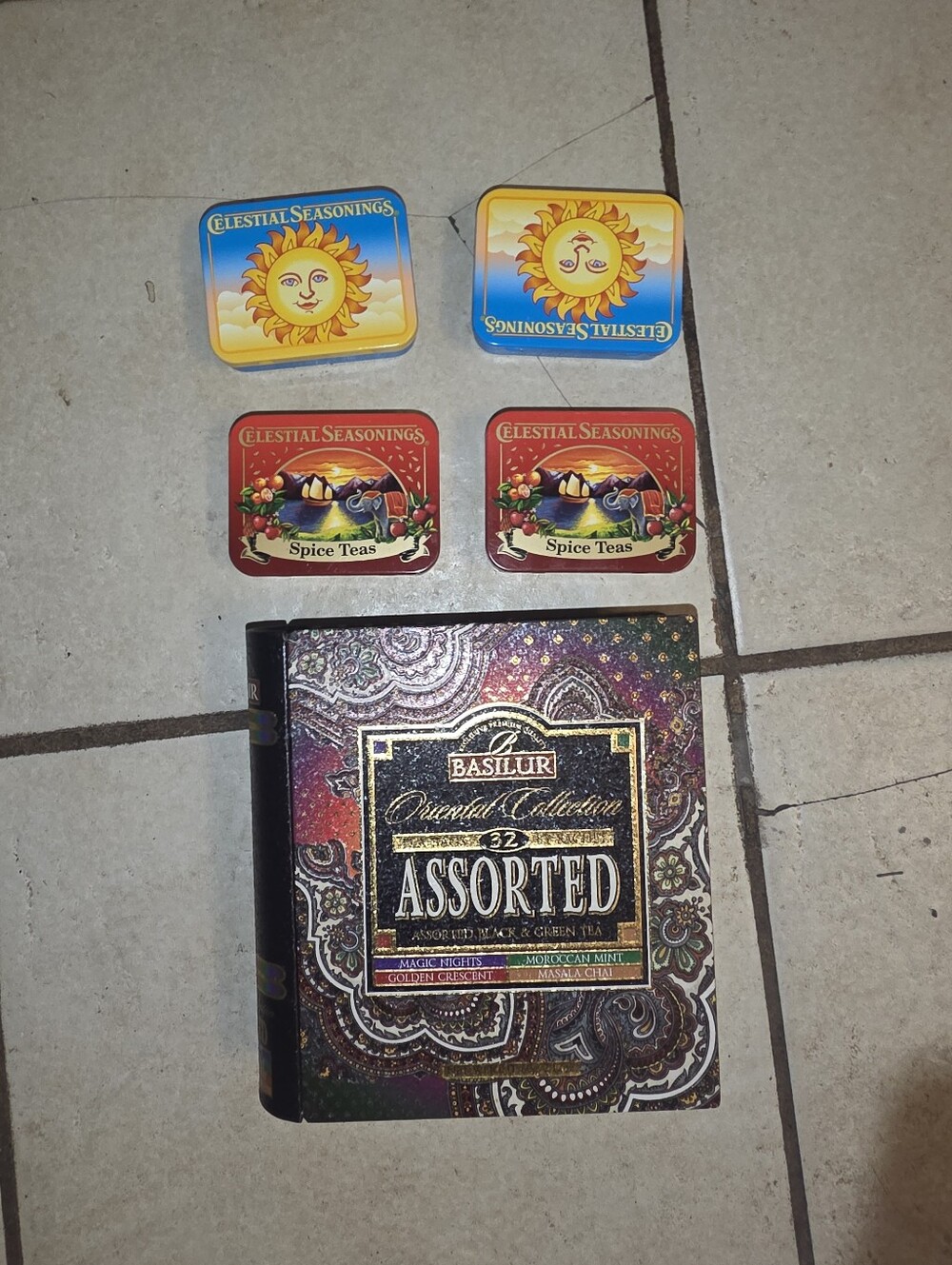 Lot Of Empty Vintage Celestial Tea Tins With Basilur Tea Tin + Tea